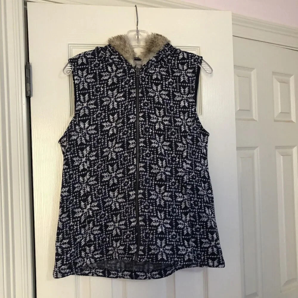 Talbots Full‎ Zip Faux Fur Hooded Vest Womens Medium Snowflakes Nordic Navy Blue
